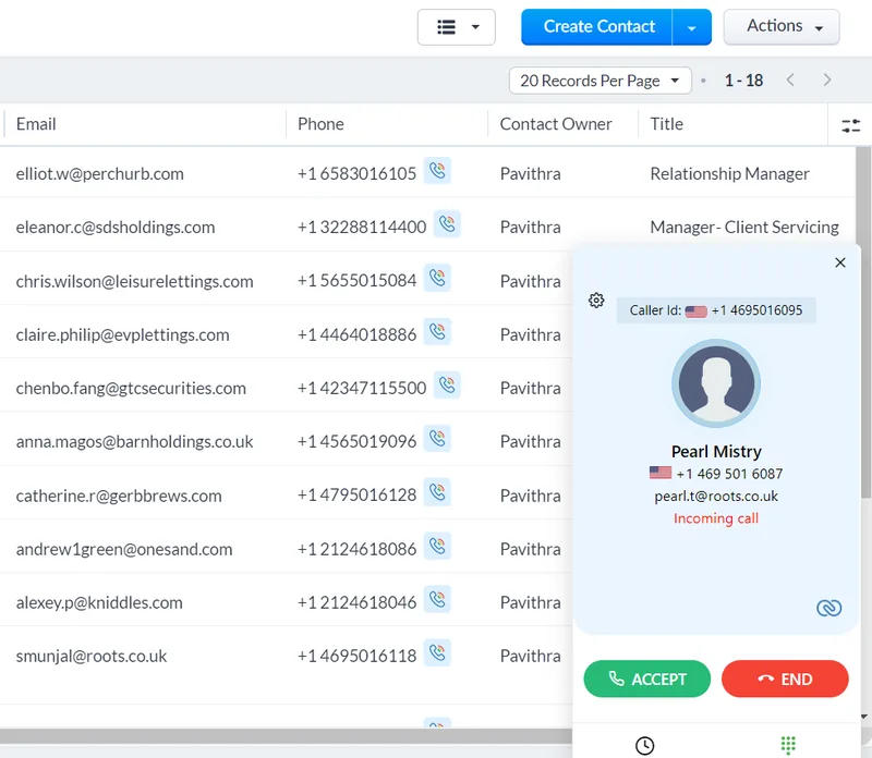 Captură Zoho CRM: lista de contacte și fereastra unui apel primit, cu numele și numărul celui care sună (date demonstrative).