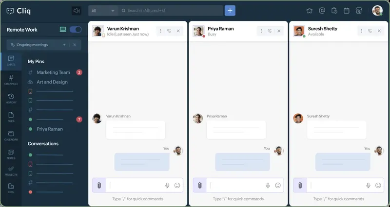Captură Zoho One: chatul de echipă Zoho Cliq, pe canale.