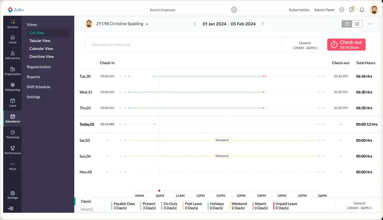 Captură Zoho One: pontajul unui angajat pe zile, în Zoho People.