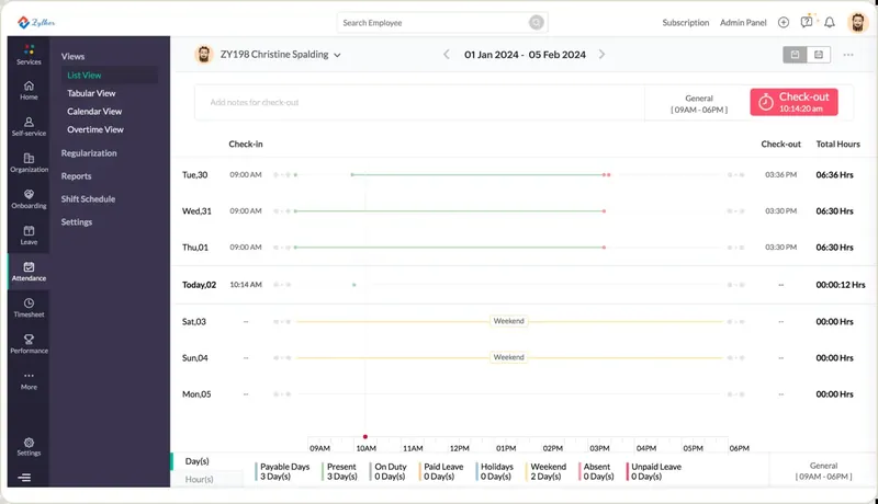 Captură Zoho One: pontajul unui angajat pe zile, în Zoho People.