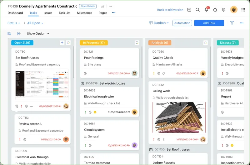 Captură Zoho One: sarcinile unui proiect, pe coloane de stare, în Zoho Projects.