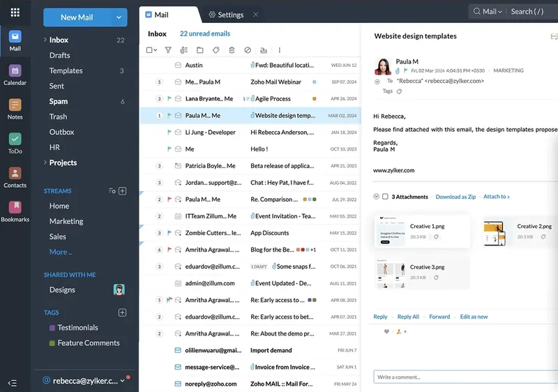 Captură Zoho Mail: lista din inbox și un e-mail deschis, cu atașamente.