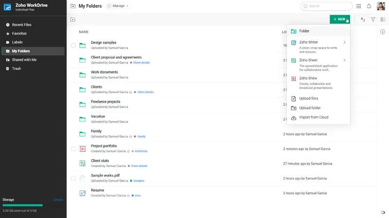 Captură Zoho WorkDrive: dosarele echipei și drepturile de acces.