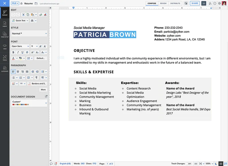 Captură Zoho Writer: un document deschis pentru editare.